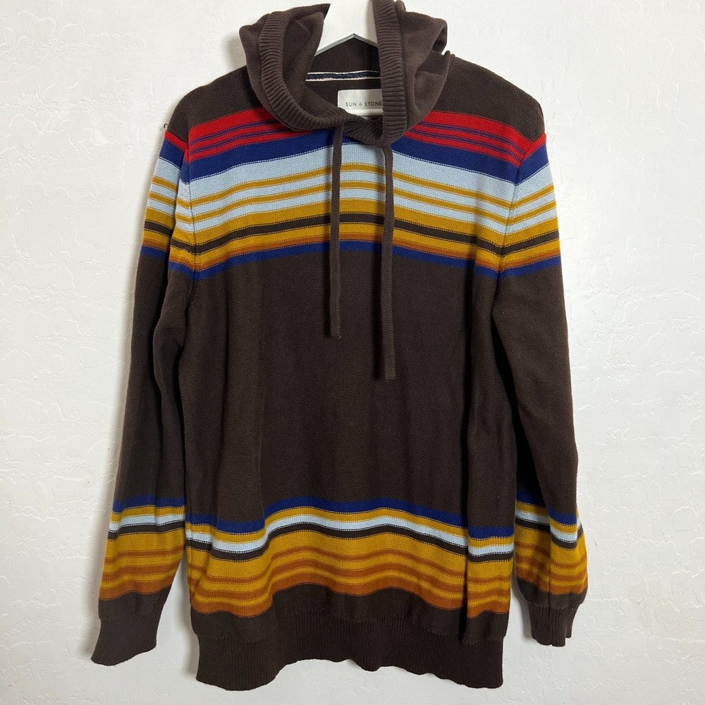 Sun and Stone cotton brown stripe knit sweater XL coastal surf beach boho hoodie